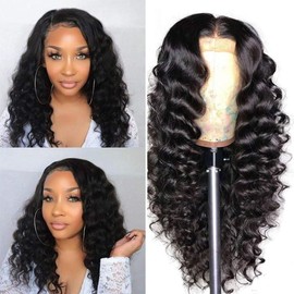 BINF Human Hair Lace Front Wigs Loose Deep Wave Lace Closure Wig 4x4 Deep Wave Wig Human Hair HD Transparent Pre Plucked With Baby Hair Bleached Knots Black Wig 12 Inch