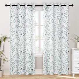 MYSKY HOME Green Leaf Curtains 90 Inch Length for Bedroom Grommet 2 Pcs