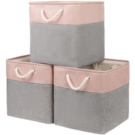 Mangata Storage Box (25 x 25 x 25 cm) Fabric Storage Basket, Box in Cube for Cupboard, Shelf, and Clothes (Grey/Pink, Pack of 3)
