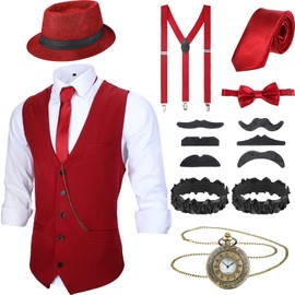SATINIOR 1920s Mens Costume Roaring Outfit with Gangster Vest Hat Pocket Watch Suspenders(X-Large,Wine Red)