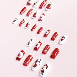 24 Pcs Red Square Press on Nails Medium Christmas Fake Nails Full Cover False Nails with Cute Cartoon Snowflake Designs Christmas Nails Xmas Acrylic Nails Press ons Holiday Stick on Nails for Women