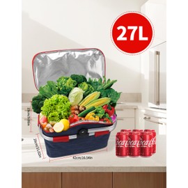 MEKOTRIN Large Picnic Basket Insulated, Foldable Shoping Basket Cooler Bag, Leakproof Picnic Baskets with Handle and Lid for Camping Outdoor Birthday Lunch BBQ Travel Beach(Blue, 9.1x16.5x15.7in)