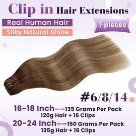 LaaVoo Clip-In Real Hair Extensions Balayage Brown Real Hair Extensions Clip Light Brown Ombre Dark Blonde Clip-In Extensions Real Hair Full Head 120 g 7 Pieces 45 cm #6/8/14
