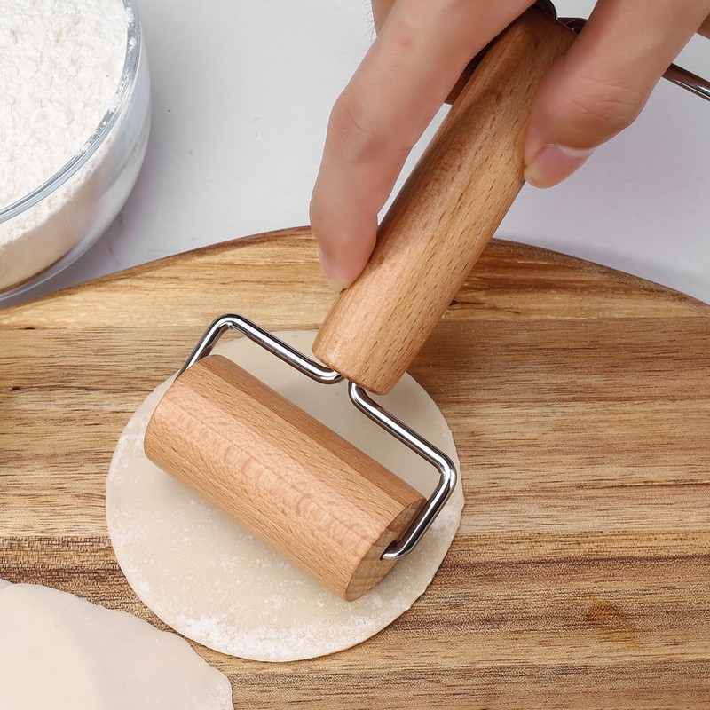 1 Rolling Pin with Two Ends, 1 Dough Cutter, Wooden