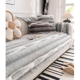 Huierxun Faux Fur Gradient Color Sofa Cover Grey Ombre Thick Soft Sectional Couch Covers Fluffy Plush Fuzzy Anti-Slip Sofa Slipcover Washable Furniture Protector (Light Grey,36''x36'')