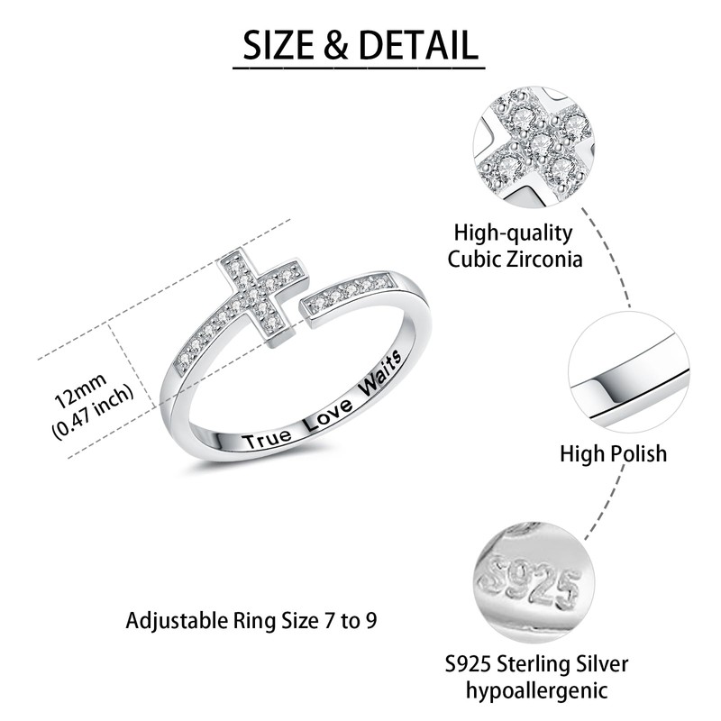 CCWPXX 925 Sterling Silver Cross Ring – Adjustable Christian Ring