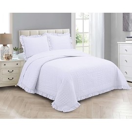 Elegant Home Luxury Modern Design Solid Color Soft Lightweight Ultrasonic Embossed Ruffled Oversized Coverlet Bedspread Quilt 3 PC Bedding Set # Ruby (White, King/Cal-King)