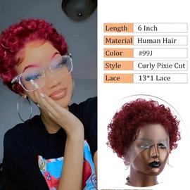 DonsiRol Burgundy Short Curly Pixie Cut Lace Front Wigs 6 Inch Human Hair 13X1 HD Lace Front Wigs Pre Plucked with Baby Hair for Black Women (6 Inch, Burgundy)