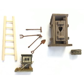 Miniature Garden Farm Accessory Set - DIY Kit for Fairy Garden Includes Wood Ladder, Outhouse, Chicken Coop, Wash Tub and 4 Piece Rusty Garden Tool Set