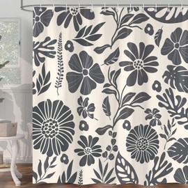 iTapnoom Black Floral Shower Curtain, Vintage Cottagecore Boho Cute Mid Century Abstract Flower Leaves Bathroom Curtain Set, 72x72 in Polyester Waterproof Fabric with 12 Hooks