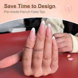 French Tip False Nails - ZAHRVIA Short Almond Press on Nails, Soft Gel Fake Nails, Reusable Semi-Transparent Stick on Nails for Woman (French-Medium Almond)