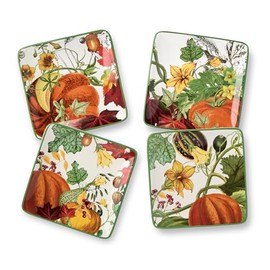 Harvest Fields 6” Ceramic Canapé Plates – Set of 4 Farmhouse Appetizer & Dessert Plates with Autumn Pumpkin Designs – Perfect for Snacks, Cheese, Hors d’Oeuvres & Thanksgiving Entertaining