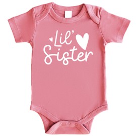 Olive Loves Apple Lil Sister Heart Bodysuit for Baby Girls Sister Sibling Outfits White on Mauve Bodysuit 6 Months