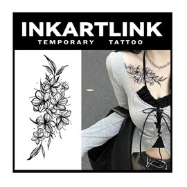 INKARTLINK Tattoo Tech, 2 Sheets Large Semi Permanent Tattoo, Adult Art Design Temporary Tattoos, Lasts 1-2 Weeks, Waterproof, Realistic Look, No Adhesive, No Reflection (Plain Flower Design)