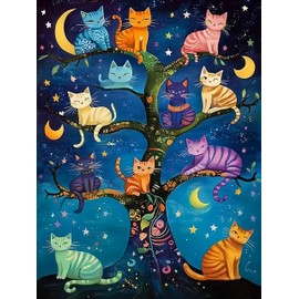 CHWGLFGG 5D Diamond Art Kits for Adults Beginners, Cat Family Tree with Stars Diamond Painting Kits, DIY Full Round Drill Paint by Diamonds Dot Gem Art for Adults, Home Wall Decor 12x16 Inch