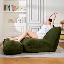 Cvortll Bean Bag Chair with Ottoman, Comfy Bean Bag Sofa with Memory Foam, Lazy BeanBag Sofa with Footstool, Fireside Bean Bag Couch for Living Room, Bedroom, Apartment (Green)