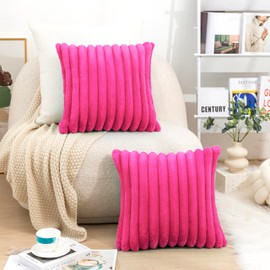 Uhomy 2 Pack Faux Fur Plush Decorative Throw Pillow Covers Luxury Super Soft Pillowcase Fuzzy Striped for Sofa Couch Bed, Fluffy Square Shaggy Cushion Case 20x20 Inch, Home Decor, 50 cm, Hot Pink