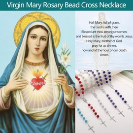 AFSTALR Rosary Necklace with Rhinestones Rosary Beads Necklace with Virgin Mary and Cross Pendant Prayer Chain Necklace for Christening Wedding Communion Party, Stainless Steel