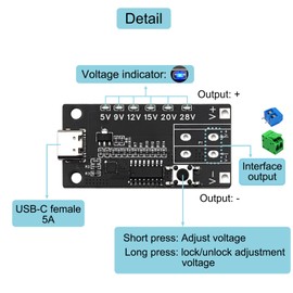 1PCS USB-C PD3.0/3.1 QC Trigger Board 5V 9V 12V 15V 20V 28V 5A Adjustable Voltage Trigger Module Type-C Female Input with Indicator
