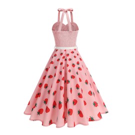 50s Style Dresses for Women Vintage Tea Party Dress Sleeveless Halter 1950s Midi Dress 50s Pin Up Rockabilly Retro Audrey Hepburn Cocktail Retro Themed Party Dresses Pink Strawberry L