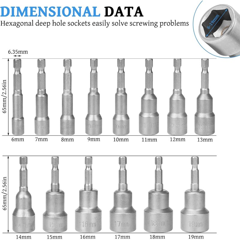 14 pcs Hex Socket Set, 6-19mm Nut Driver Set 1/4