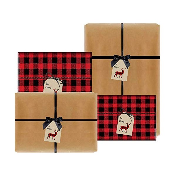 Set of 4 (2 Natural Kraft and 2 Red & Black Christmas Buffalo Plaid Lumberjack) Holiday/Christmas Deluxe- Gift Wrap Wrapping Paper with Gift Tags