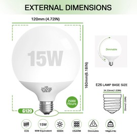 Jardhom LED Light Bulb, G120 Globe Bulb,15W Globe Light Bulbs, Daylight 5000k Led Bulb, Non-Dimmable, E26 Base Large Decorative Lamp,1100 Lumer, for Indoor Room Lighting (15W No-Dimmable Light)