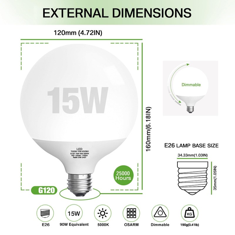 Jardhom LED Light Bulb, G120 Globe Bulb,15W Globe Light Bulbs,