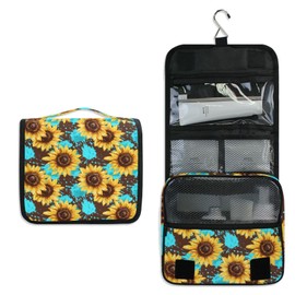 pnyoin Hanging Toiletry Bag for Women Teal Art Floral Sunflower Makeup Bag Travel Essentials Toiletries Organizer Bag Flower Cosmetic Bag Foldable