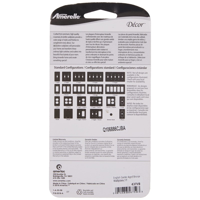 Amerelle 43TVB English Garden Wallplate, 1 Toggle, Cast Metal, Aged