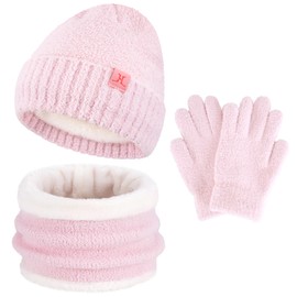 ZASFOU Toddler Kids Winter Hat Scarf Gloves Set Cold Weather Beanie Hats Fleece Neck Warmer for 4 5 6 7 8 Year Old Boys Girls Gifts Pink