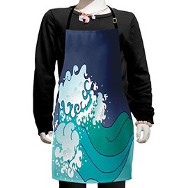 Ambesonne Japanese Wave Apron, Graphic Illustration of Ocean Curl Sea Waves Oriental Theme, Small Apron Bib with Adjustable Ties for Baking Painting, Small Size, Turquoise Dark Indigo