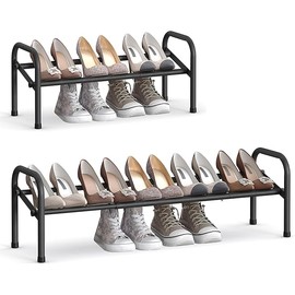 SONGMICS Expandable Shoe Rack, 1 Tier Shoe Rack Shelf, Adjustable Shoe Organizer Storage for 10 Pairs of Shoes, Metal Free Standing Shoe Racks for Closet, Front Door Entryway, Easy Assembly, Ink Black