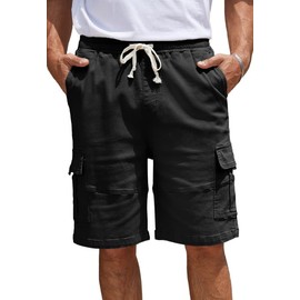 WICUSION Mens Twill Cargo Shorts Stretch Cotton Elastic Waist Multi-Pockets Short Pure Black