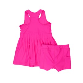 RuffleButts Girls Athletic Active Tiered Dress and Bike Short Set Outfit - Neon Magenta, 4T