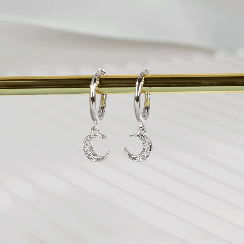 SILBERTALE Moon Dangle Hoop Earrings 925 Sterling Silver Cubic Zirconia