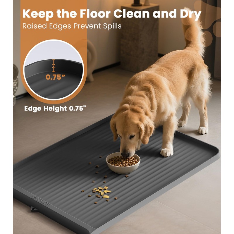 Dog Food Mat 36"x24", Waterproof Pet Feeding Mat with Diversion