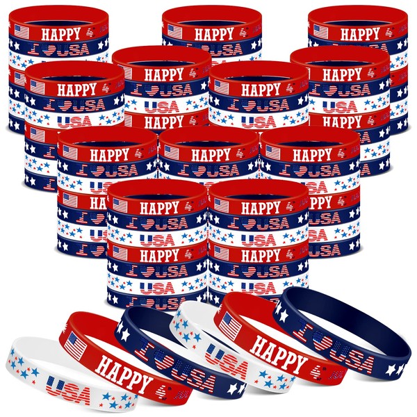Wettarn 120 Pcs American Flag Silicone Bracelet 4th of July Silicone Wristband Bracelets Patriotic Wristbands Fourth of July Bracelets Red White Blue Bracelet for Independence Day Favors School Gifts