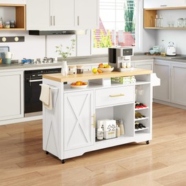 YITAHOME Large Kitchen Island with Power Outlet, Rolling Kitche Cart with Wine Rack, Mobile Storage Islands with Spice Rack Glass Holder, Island Table on Wheels for Living Room, 50 Inch Wide, White