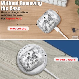 CameCosy Compatible for AirPods Pro 2nd Generation Case with Silver Butterfly Keychain, Black Grey Butterfly Premium Shockproof Drop Protection Cover Case for AirPods Pro 2 (2022)