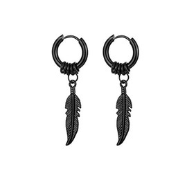 316 Punk Stainless Steel Huggie Hoop Dangle Earrings 14mm Hip Hop Drop Earring Vintage Six-pointed Star Feather Triangles Jewelry for Women Men Teens-Black