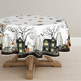 Horaldaily - Mantel de Halloween redondo de 60 x 60 pulgadas, Jack-O-Lantern - Mantel de calabaza, telaraña, fantasma, murciélagos de perro, lavable, para fiesta, picnic, cena, decoración
