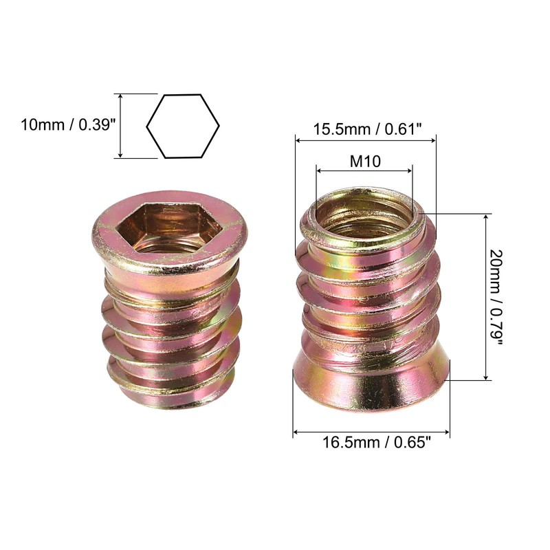 sourcing map M10x20mm Threaded Inserts for Wood Hex Socket Drive