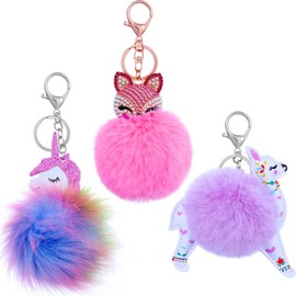 WILLBOND WILLBOND 3 Pieces Cute Animal Unicorn Pom Pom Keychain Faux Fluffy Key Ring for Women Girls (Fox Alpaca Unicorn Style)