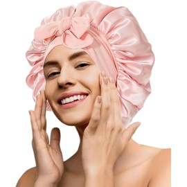Silk-Like Bonnet Satin Hair Bonnet for Sleeping with Tie Band Large Bonnets Hair Wrap with Adjustable Straps Sleep Caps for Women Curly Braid (AU, Alpha, One Size, Pink)