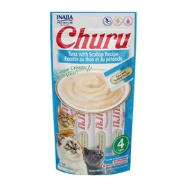 Premio Churu para Gato Piel y Pelo Sabor atún y Viera, Delicioso Puré Cremoso Bajo en calorias, Paquete de 4 Tubos.