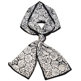 GIMIRO Satin Silk Scarf Double Layers 150 x 16 cm Tie Flowers Waist Belt for Blazer, Coat, Dress, 26# Black/White Camellia