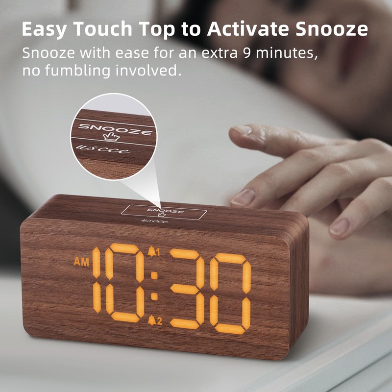 uscce Wooden Digital Alarm Clocks for Bedrooms: Dimmable Dual Alarm