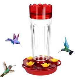 Glass Hummingbird Feeders for Outdoors Hanging Ant and Bee Proof, 1 Pack 15 Ounces Red Hummingbird Feeder with 5 Feeding Ports and Perches, Built-in Ant Moat, Outside Garden Décor (Glass, 1)