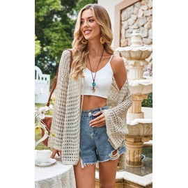 Women's Crochet Cardigan Sweaters Lightweight Knitted Long Batwing Sleeve Hollow Out Tie Front Boho Beach Cover Up Beige L